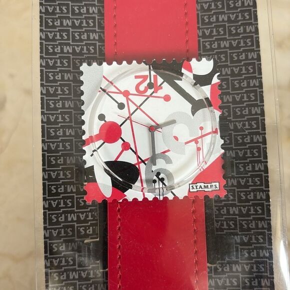 NEW! STAMPS Red Strap Oversized Square Funky Abstract Multicolour Watch in Box - Picture 2 of 8